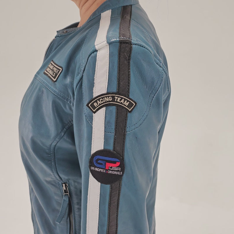 Women's Lambskin Leather Racing Jacket in Challenge Blue