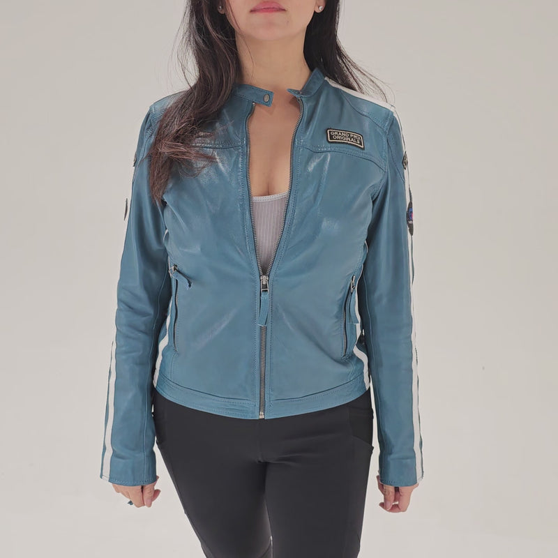 Women's Lambskin Leather Racing Jacket in Challenge Blue