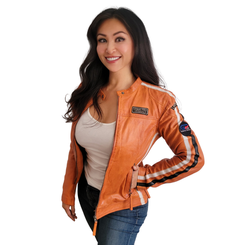 Women's Lambskin Leather Racing Jacket in GT Orange
