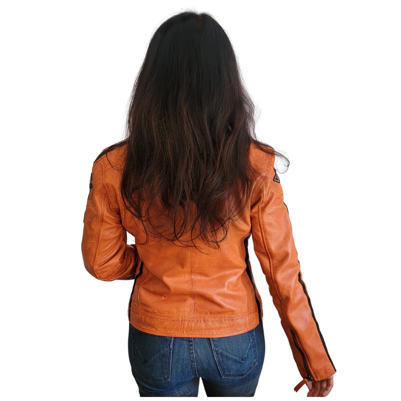 Women's Lambskin Leather Racing Jacket in GT Orange
