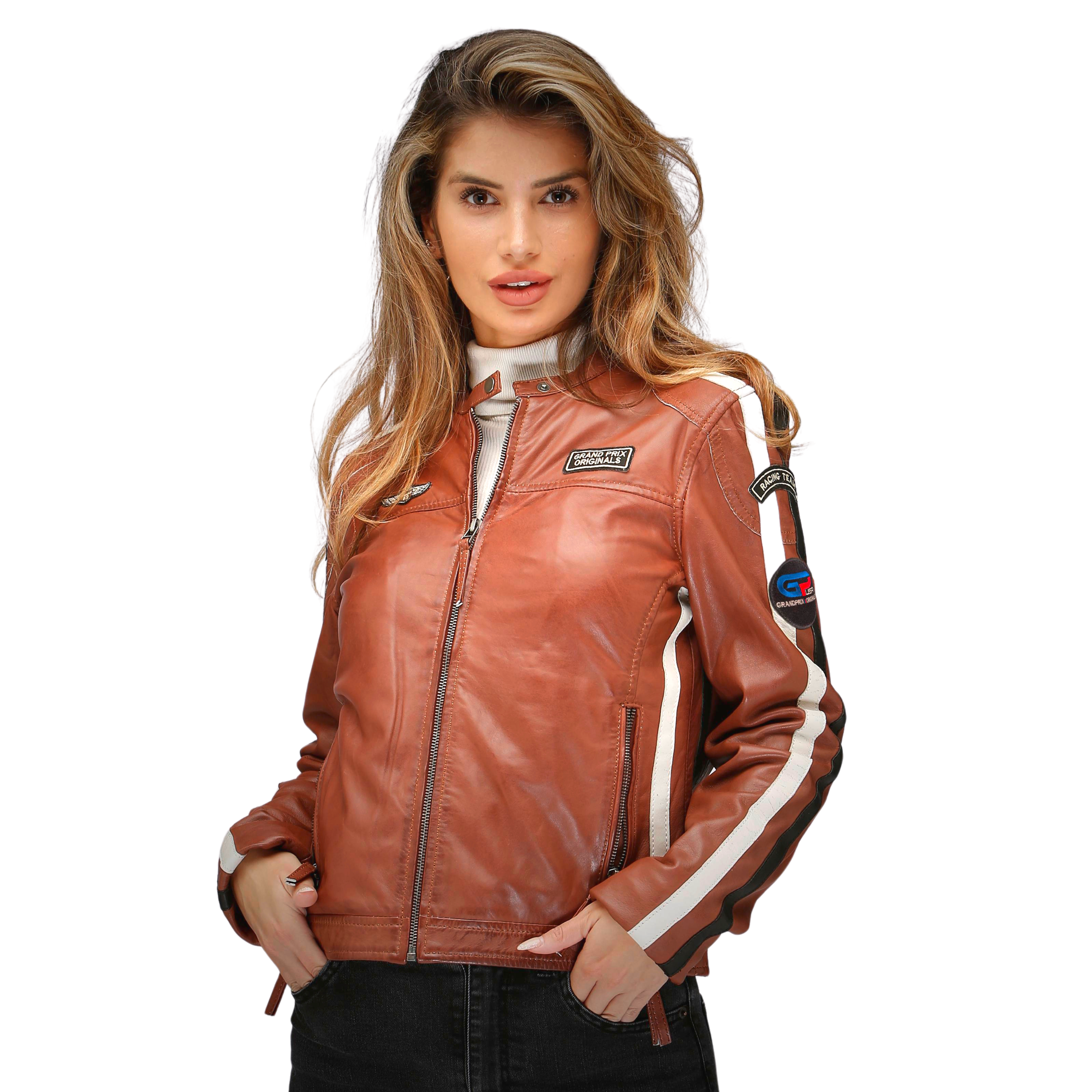 Cognac leather jacket shop ladies
