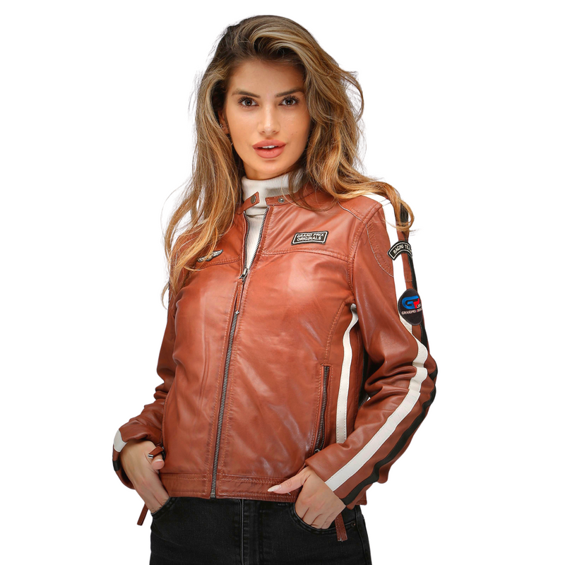 Women's Lambskin Leather Racing Jacket in Classic Cognac