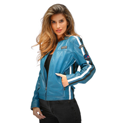 Women's Lambskin Leather Racing Jacket in Challenge Blue