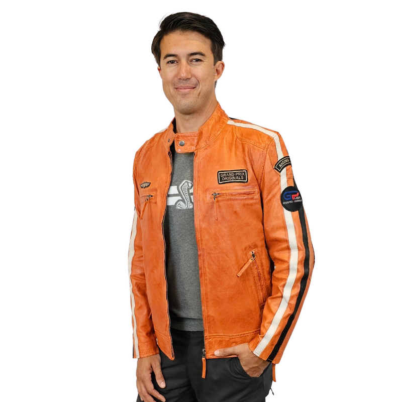Men's Lambskin Leather Racing Jacket in GT Orange