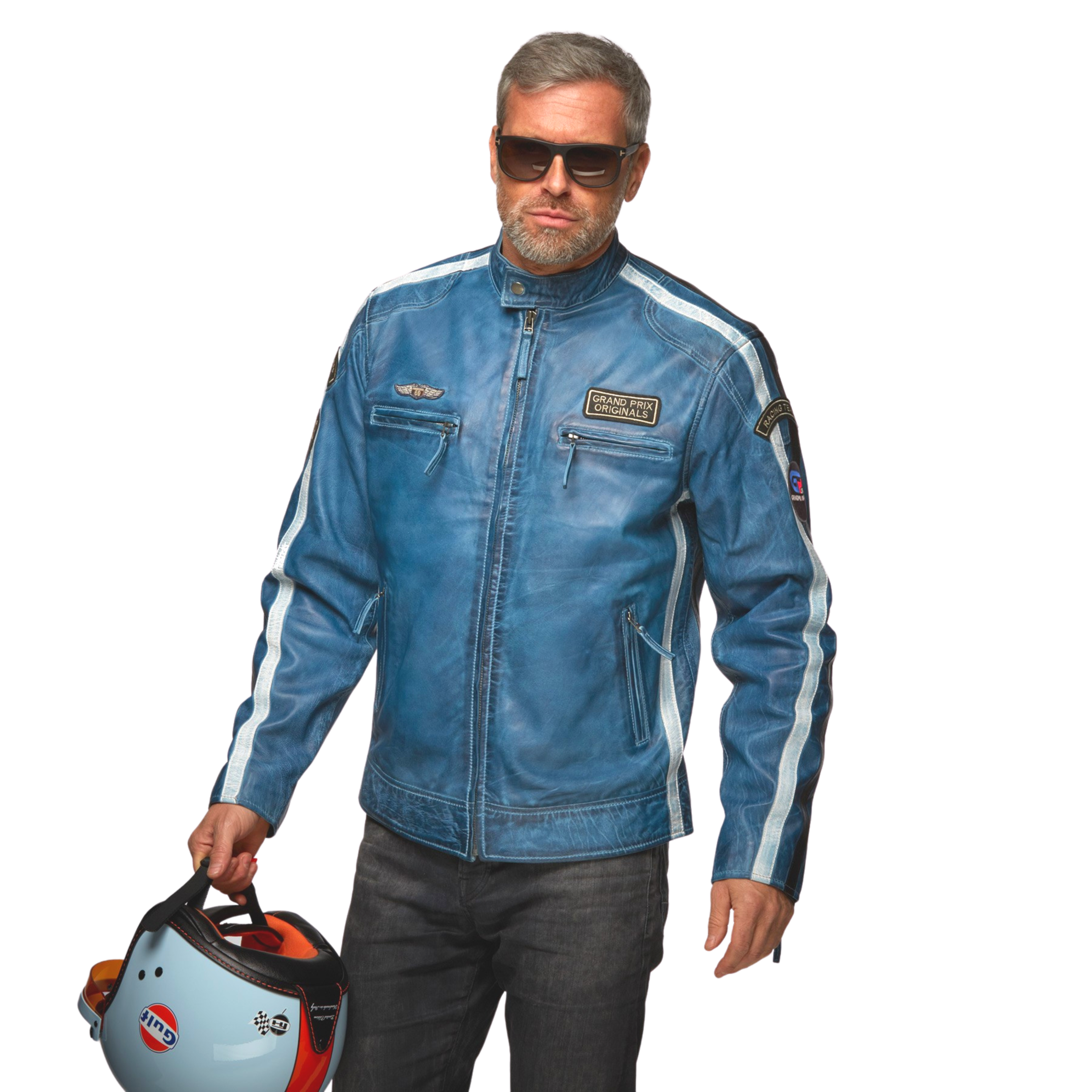 Men s Lambskin Leather Racing Jacket in Challenge Blue GrandPrix