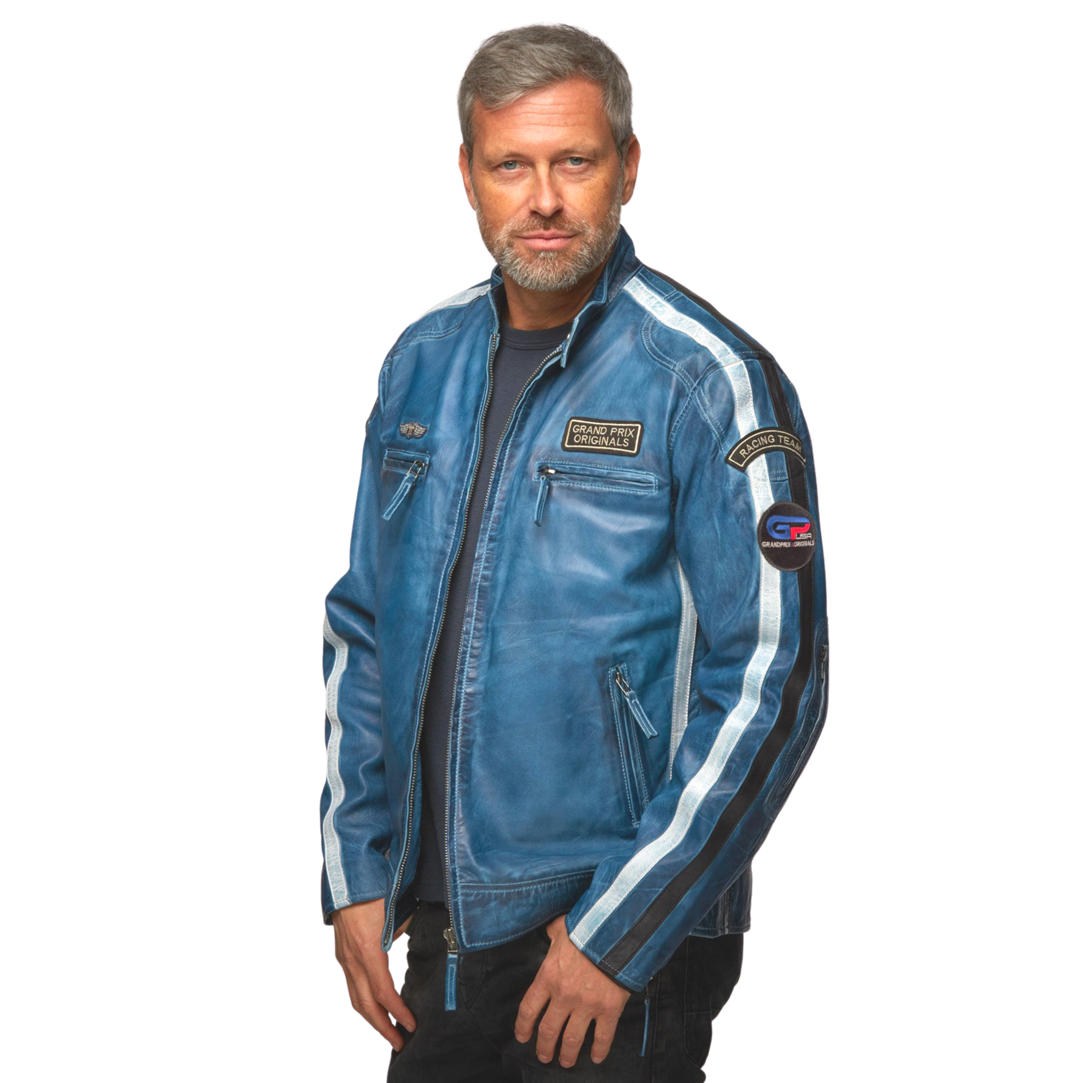 Men s Lambskin Leather Racing Jacket in Challenge Blue GrandPrix
