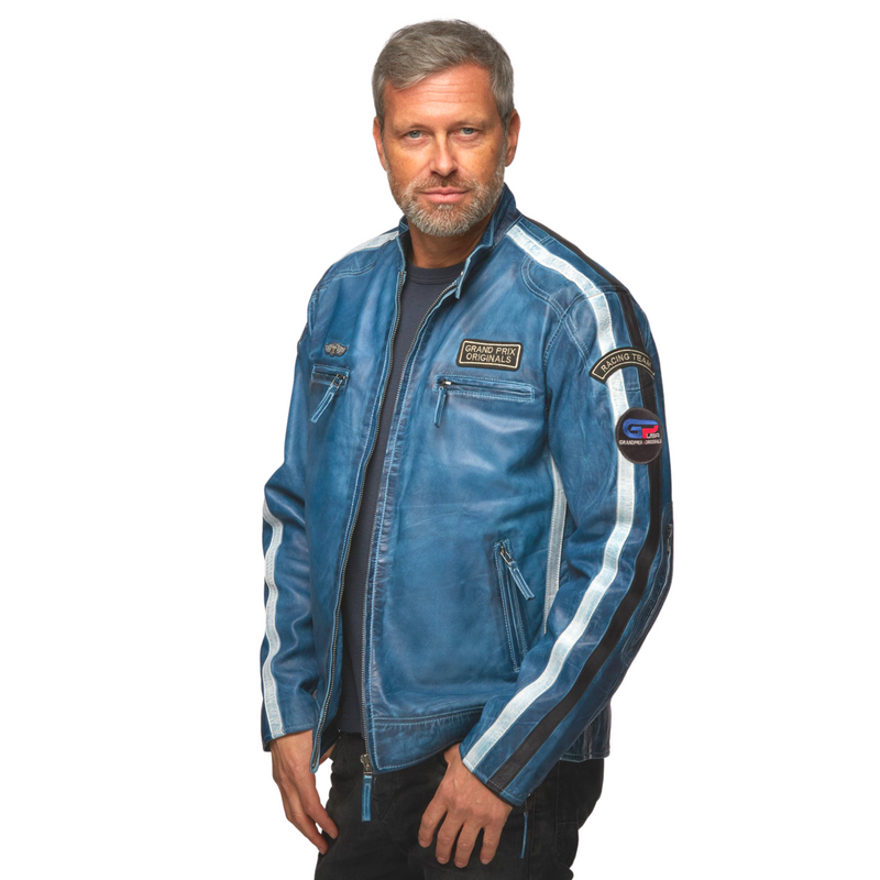 Men's Lambskin Leather Racing Jacket in Challenge Blue **SOLD OUT**