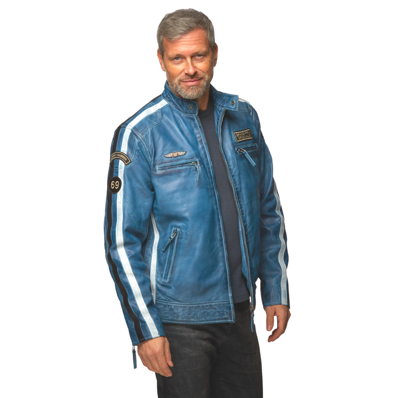 Men s Lambskin Leather Racing Jacket in Challenge Blue GrandPrix
