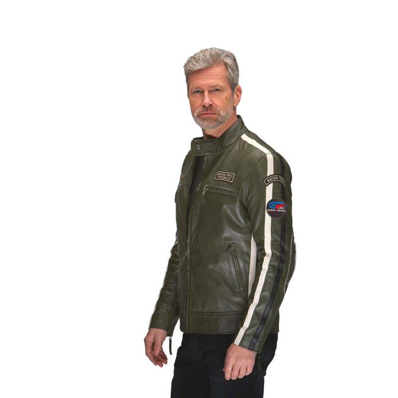 Men s Lambskin Leather Racing Jacket in GP Olive GrandPrix