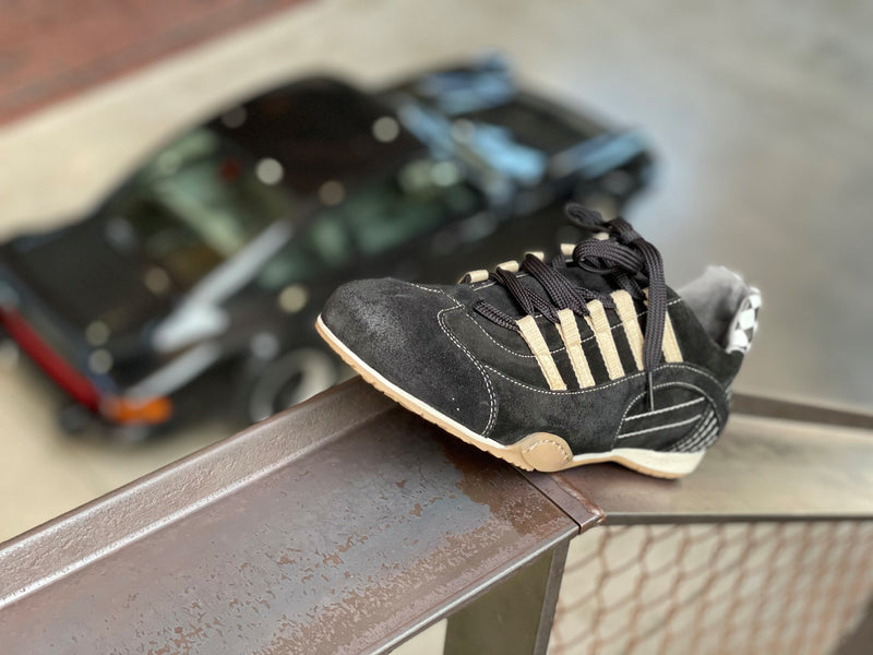 Men's Racing Sneaker in Black & Gold Brushed/Sueded Napa